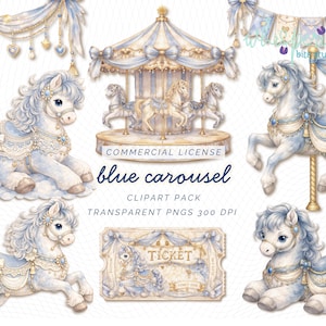 Blue Carousel Horse Clipart, Vintage Baby Girl Nursery PNG Bundle, Elegant Carousel Animals, Pastel Fairytale Party Graphics 300 DPI