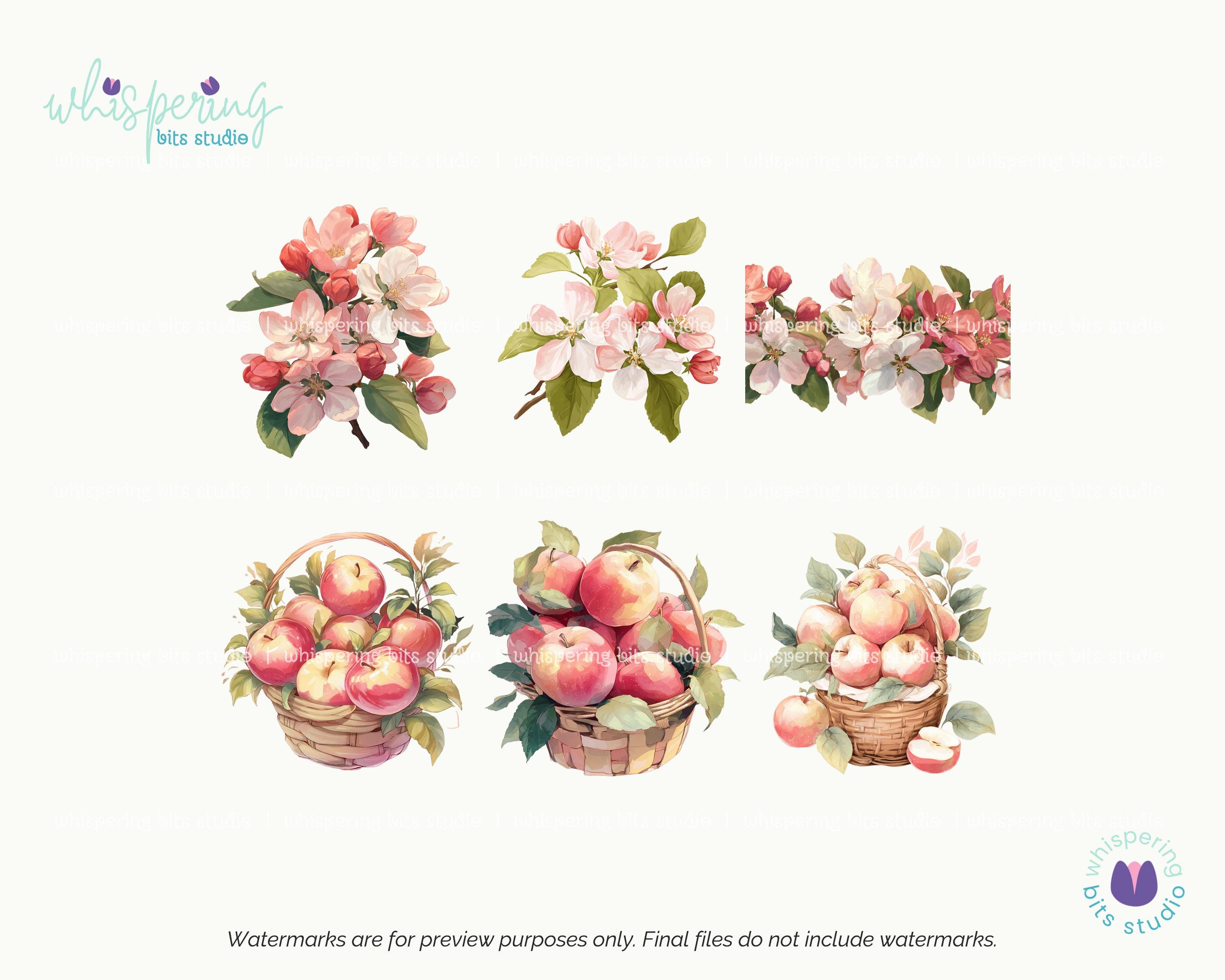Whimsy Apple Design Apple Clipart PNG, Set of 32, Whimsical Watercolor Apples, Cute Animals ...