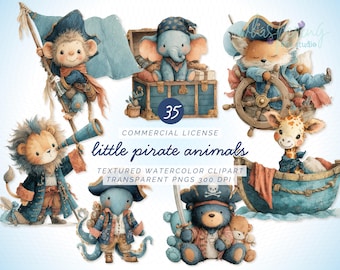 Pirate Animals PNG Clipart Set, Watercolor Pirate Animals, Cute Animal Pirates, Sea Adventure PNG, Nautical Animal Clipart, Ocean Kids