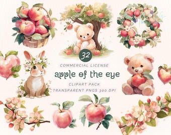 May include: A digital clipart collection featuring watercolor illustrations of red apples, a woven basket of apples, a teddy bear under an apple tree, a rabbit with a flower crown, and apple blossoms with the text 32 COMMERCIAL LICENSE apple of the eye.