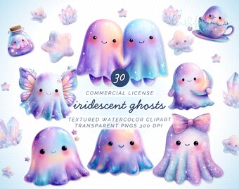 Iridescent Ghost Clipart PNG Bundle, 30 Pastel Halloween Ghost PNGs, Cute Holographic Spooky Clipart Set