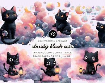 Black Cat Clipart PNG Bundle, 10 Halloween Cats PNG, Cute Kawaii Black Cats, Moon Cat Clipart, Spooky Cute Clipart Set 300 DPI