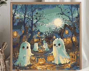 Borduurpatroon voor Halloween-spookjes met maanverlicht dorpsontwerp (PDF-bestand)