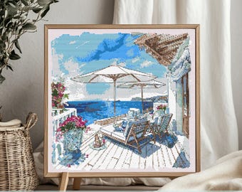 Coastal Terrace Cross Stitch Pattern Seaside View Embroidery PDF Pattern