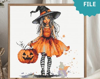Patrón de punto de cruz de bruja de ensueño. Linda brujita con diseño de bordado de calabaza en PDF.