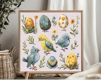 May include: Cross stitch pattern featuring a variety of colorful Easter eggs, chicks, and birds. The pattern includes blue, yellow, green, and white colors.
