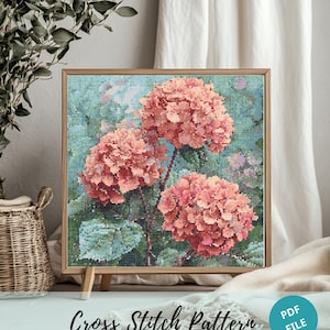 Enchanted Hydrangea Cross Stitch Pattern,  Pink Hydrangea Flower Embroidery Pattern, Plant Embroidery Needlepoint Design