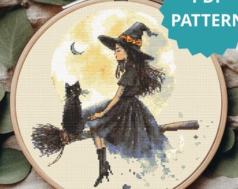Patrón de punto de cruz de bruja en escoba. Diseño de bordado de bruja linda con gato negro en PDF.
