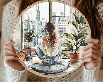 Fashion Girl Admiring New York Skyline Cross Stitch Designs, Love New York City Cross Stitch Pattern