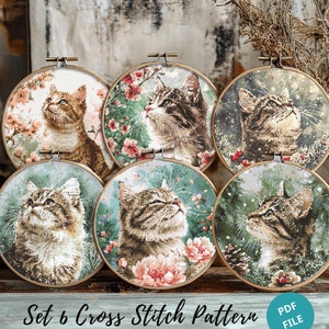 Set 6 Cute Cat Cross Stitch Patterns, Adorable Cat Embroidery Designs, Kitten Cross Stitch Ideas For Cat Lovers