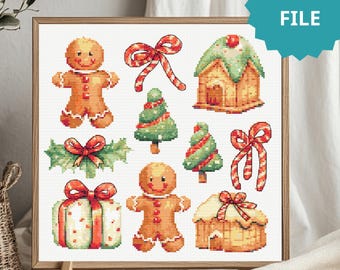 May include: A framed cross-stitch pattern featuring Christmas-themed designs. The image includes gingerbread men, Christmas trees, gift boxes, bows, and gingerbread houses. The text "PDF FILE" is visible on the image.