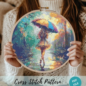 May include: A cross stitch pattern featuring a girl walking in the rain with a colourful umbrella. The pattern is in a hoop and the background is a blurred image of a person holding the hoop.