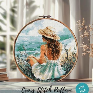 Elegant Lady Sitting on the Beach Watercolor Cross Stitch Pattern, Girl Watching the Ocean Serene Coastal Embroidery