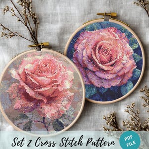 May include: Set of two cross stitch patterns featuring pink roses in a vintage style. The patterns are in PDF format and are ready to be stitched.