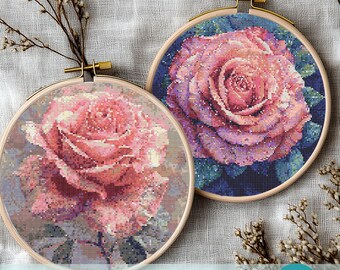 Set Of 2 Vintage Roses Cross Stitch Patterns, Floral Embroidery Design, Romantic Flower Hand Embroidery