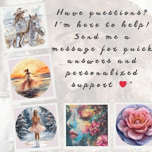 May include: Collage of four images: a woman riding a horse, a woman walking on a beach at sunset, a woman in a winter scene, and a close-up of a flower. Text overlay reads: "Have questions? I'm here to help! Send me a message for quick answers and personalized support."