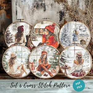 Cross Stitch Bundle 6 Cozy Girl Embroidery, Glamour Fashion Girl Cross Stitch Design, Christmas Scene Embroidery Design