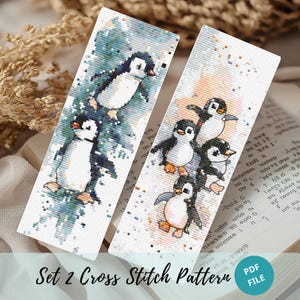 May include: Set of two cross stitch patterns featuring penguins. The first pattern shows a single penguin walking on ice with a blue and white background. The second pattern shows five penguins standing on top of each other with a pink and white background. Both patterns are in PDF format.