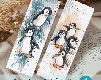 Set 2  Playful Penguin Cross Stitch Bookmark, Emperor Penguin Cross Stitch Design, Winter Embroidery Set