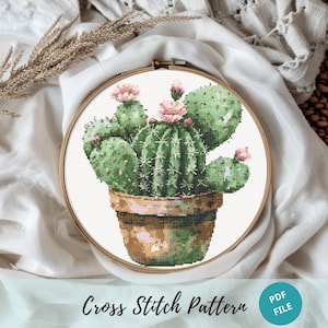 Echinokaktus Kreuzstich Designs, Kaktus Blumentopf Stickerei, Sukkulententopf Handstickerei