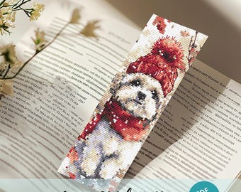 Shih Tzu Dog Bookmark Cross Stitch Design, Shitzu Cross Stitch Pattern, Winter Dog Embroidery, Winter Animals Embroidery