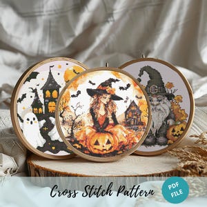 Halloween Cross Stitch Pattern Set of 3 Gothic Witch, Castle, Gnome PDF Digital Download
