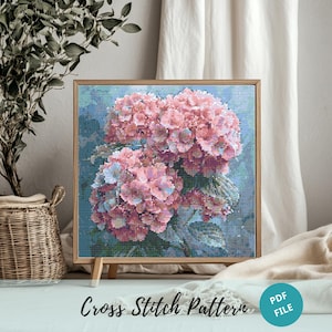 Enchanted Hydrangea Cross Stitch, Hydrangea Macrophylla Pattern, Pink Hydrangea Embroidery, Relaxing Floral Stitch