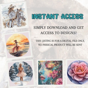 May include: A collage of four digital paintings. The top left image shows a woman riding a horse on a beach. The top right image shows a woman standing in the ocean at sunset. The bottom left image shows a woman ice skating in a snowy forest. The bottom right image shows a close-up of a pink flower with water droplets.