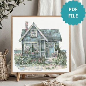 Beach Cottage Cross Stitch Designs Seaside Cottage Embroidery Pattern Vintage Coastal House Embroidery Beachy Pattern