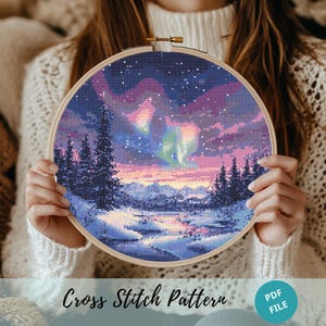 Aurora Borealis Cross Stitch Designs, Northern Lights Watercolor Cross Stitch Hand Embroidery Pattern, Nature Embroidery