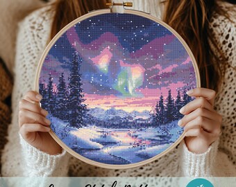 Aurora Borealis Cross Stitch Designs, Northern Lights Watercolor Cross Stitch Hand Embroidery Pattern, Nature Embroidery