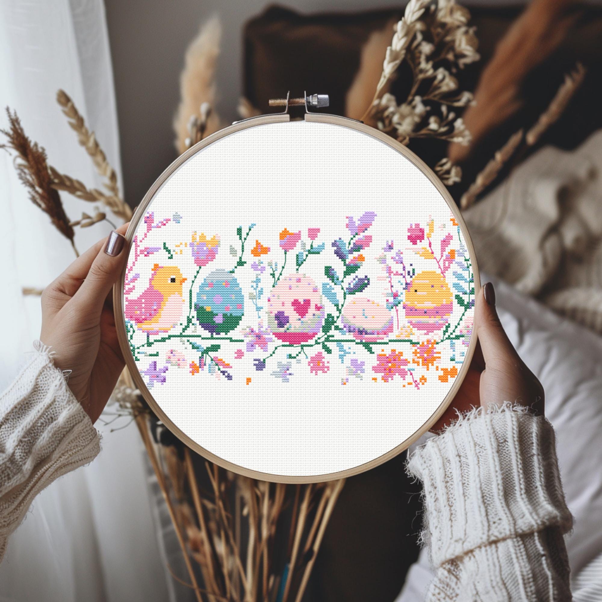 Easter Egg Hunt Border Cross Stitch Pattern Spring Bird Embroidery PDF ...