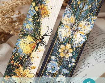 Set 2 Art Nouveau Butterfly Cross Stitch Bookmark, Vintage Embroidery Pattern, Elegant Floral Bookmark Design Bundle