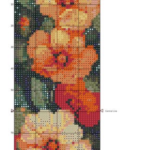 May include: Cross stitch pattern for a floral design featuring three orange, red, and yellow flowers with green leaves on a black background. The pattern is titled "Warm Blooming Flowers".