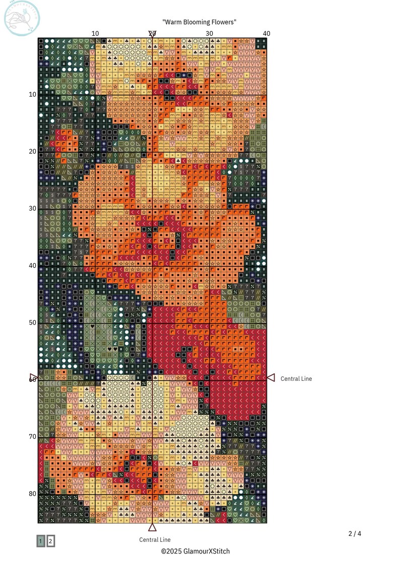 May include: Cross stitch pattern for a floral design featuring three orange, red, and yellow flowers with green leaves on a black background. The pattern is titled "Warm Blooming Flowers".
