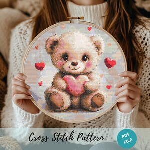 Teddy Bear Cross Stitch Digital Pattern, Delicious Valentines Teddy Bear Cross Stitch Pattern, Red Heart Hand Embroidery