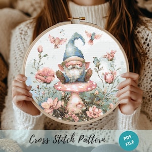 Disegni per punto croce, gnomo da giardino, ricamo di fiori selvatici, gnomo, fungo, ricamo a mano