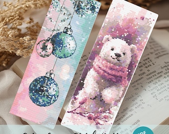 May include: Set of two cross stitch patterns for bookmarks. One pattern features a polar bear wearing a pink scarf in a snowy landscape. The other pattern features three hanging ornaments with a blue, green, and pink color scheme.