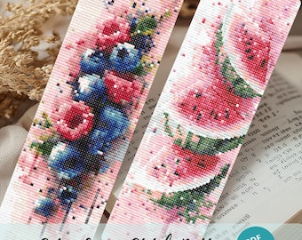 Fruit Bookmark Cross Stitch Pattern Set, Watercolor Blueberry Raspberry Embroidery, Watermelon PDF Embroidery Designs