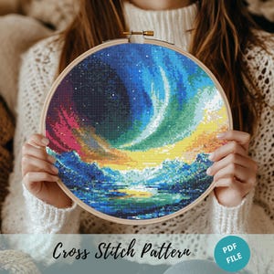 Northern Lights Cross Stitch Pattern, Aurora Borealis Watercolor Cross Stitch Hand Embroidery, Starry Night Sky Pattern