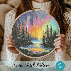 Forest Landscape Northern Lights Cross Stitch Pattern, Aurora Borealis Embroidery Design, Starry Sky Cross Stitch PDF