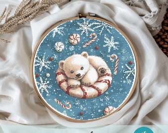 Polar Bear Cross Stitch Pattern Winter Animals PDF Pattern Candy Cane Embroidery