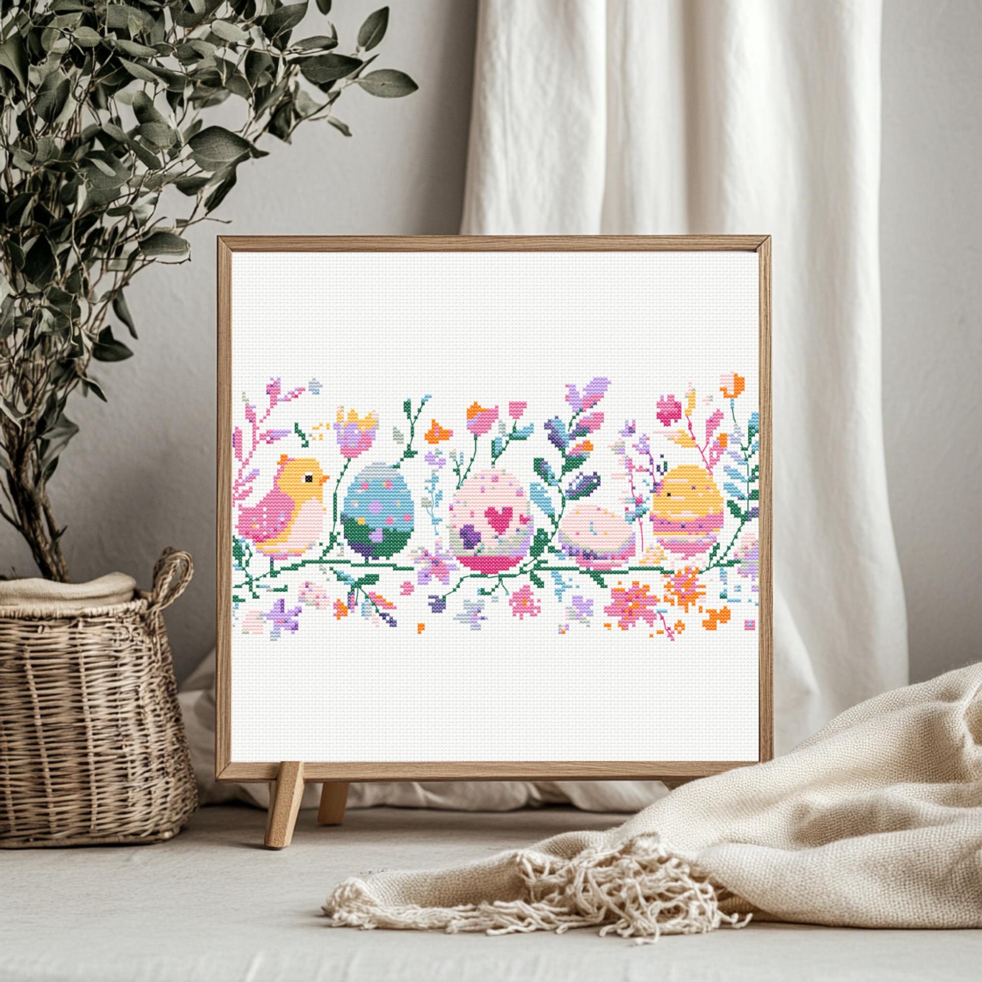 Easter Egg Hunt Border Cross Stitch Pattern Spring Bird Embroidery PDF ...