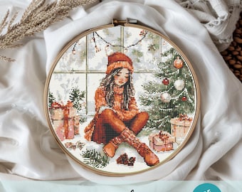 Jolie fille design point de croix, sapin de Noël au point de croix, motifs fille mode broderie, motif hiver
