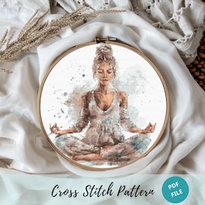 Yoga Girl Embroidery Cross Stitch Pattern, Girl In Yoga Meditation Embroidery Designs, Mindfulness Pattern