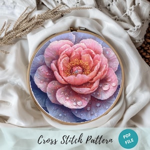 Peony Flowers Cross Stitch Pattern, Pink Peonies Floral Embroidery Designs, Pink Peony Embroidery For Adult Pattern