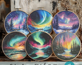 Set of 6 Northern Lights Cross Stitch Patterns, Aurora Borealis Designs, Hand Embroidery for Nature Lovers
