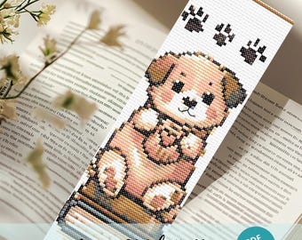 Cute Small Dog Book Bookmark Cross Stitch Design, Cute Dog With Book Pattern, Dog Easy Bookmark Ideas Embroidery Pattern