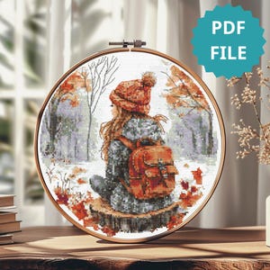 Girl With Backpack Cross Stitch Pattern, Camping Forest Embroidery, Outdoor Travel Stitch Design For Nature Lovers