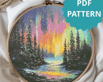 Northern Lights Cross Stitch Pattern Aurora Borealis Forest Sky PDF Digital Chart